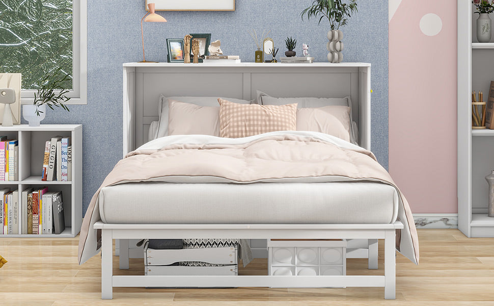Queen Size Murphy Bed with Built-In Charging Station and a Shelf White