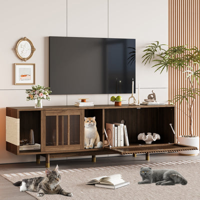 Mid-Century Modern style 2 IN 1 Cat Furniture 74' Walnut TV STAND with Sliding Flip-down glass door, Cat house Litter Box With Sisal Scratcher Board