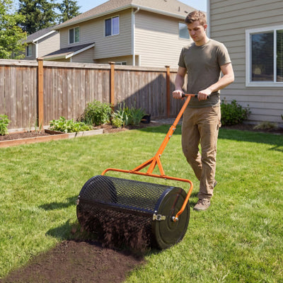 24 Inch Compost Spreader Peat Moss Spreader Roller with Height-Adjustable T-Shaped Handle-Orange