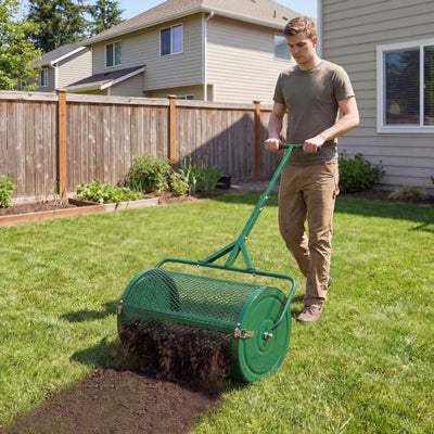 24 Inch Compost Spreader Peat Moss Spreader Roller with Height-Adjustable T-Shaped Handle-Green