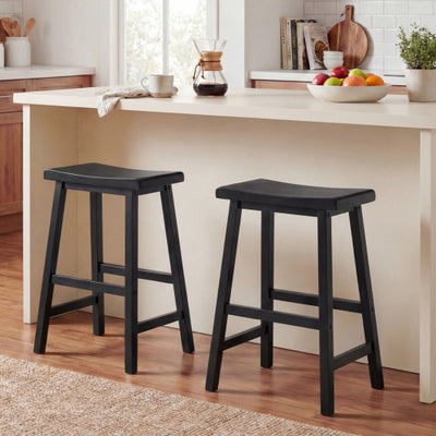 24 Inch Counter Height Stools Solid Wood Saddle Bar Stools Set of 2-Black