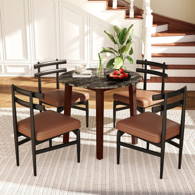 35 Inch Round Dining Table with Rubber Wood Legs and Marble-textured Veneer Tabletop-Brown