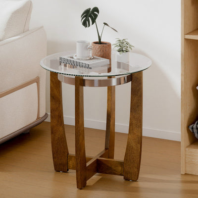 24 Inches Round Side Table with Tempered Glass Top and Solid Rubber Wood Base-Walnut