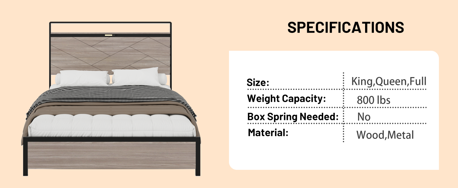 Bed frame full size, wooden platform bed frame with storage LED light headboard and 2 USB, no noise, no spring mattress required and simple assembly tools, large underbed storage, brown