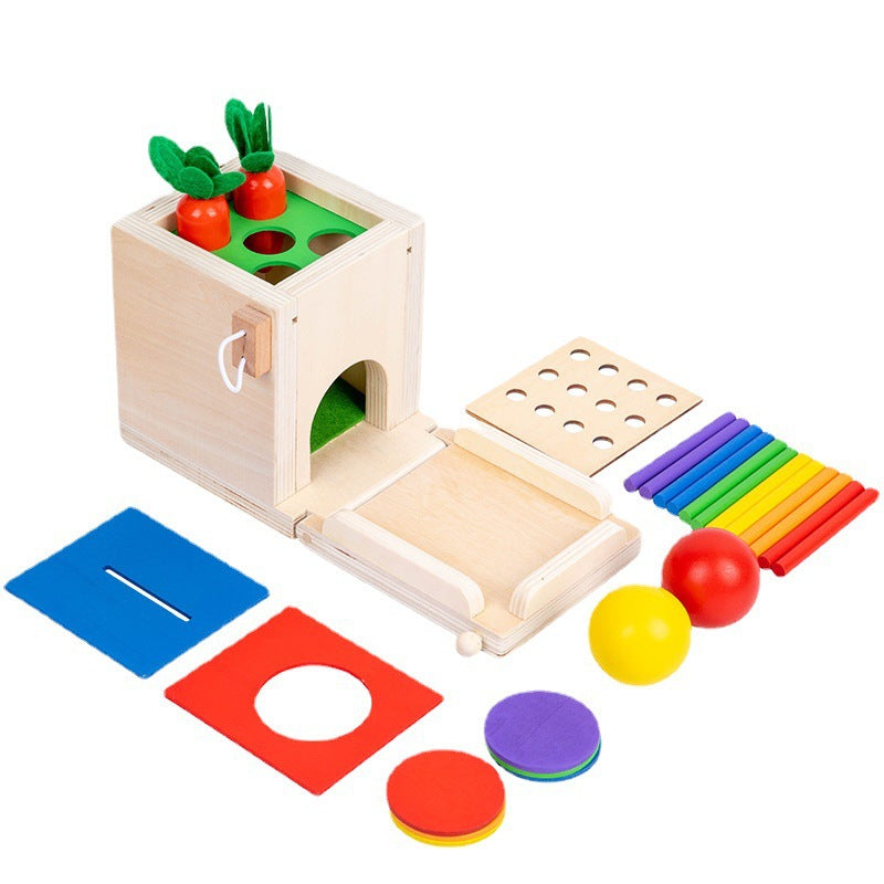 Montessori Four in One Coin Box Multi functional Stick Pulling Carrot Preschool Building Blocks Color Matching Intelligence Box Toy