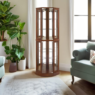 6 shelves corner Curio display cabinet with light mirror and adjustable shelves, walnut wood (excluding E26 light bulbs)