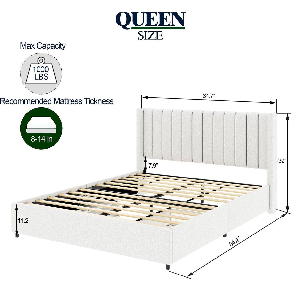 Anda Patented 2-Drawers Storage Bed Queen Size Ivory Boucle Upholstered Platform Bed, Tufted Headboard, Wooden Slat Mattress Support, No Box Spring Needed