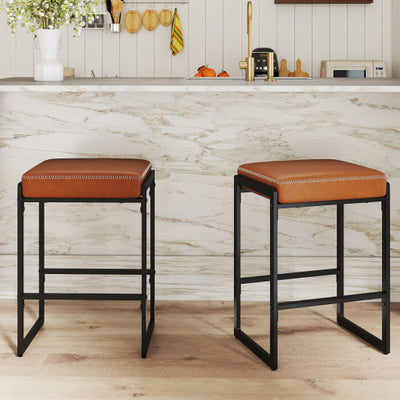 26 inch Bar Stools Set of 2 Counter Height Barstools with Faux Leather Upholstered Seat-Brown