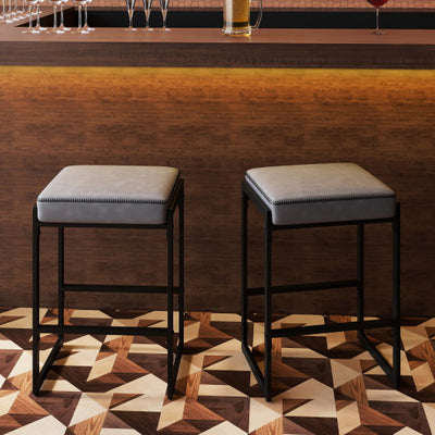 26 inch Bar Stools Set of 2 Counter Height Barstools with Faux Leather Upholstered Seat-Gray