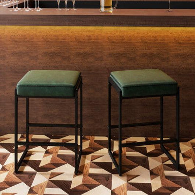 26 inch Bar Stools Set of 2 Counter Height Barstools with Faux Leather Upholstered Seat-Green