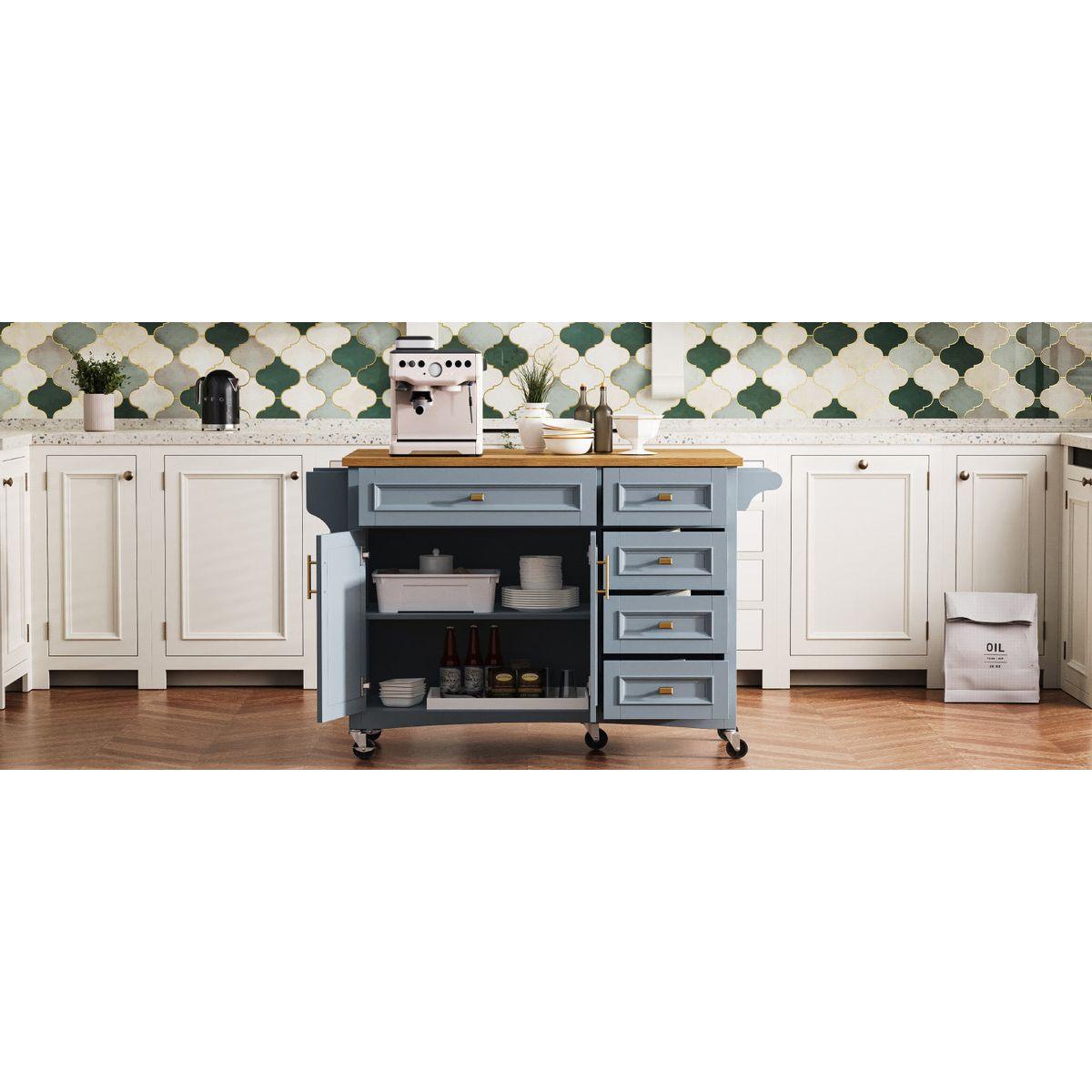 K&K 52'' Kitchen Island with Drop Leaf, Embossed Texture Kitchen Island on Wheels with Spice Rack, Towel Rack, 2 Doors and 5 Drawers, Kitchen Storage Cart with Adjustable Shelf for Kitchen, Blue Grey