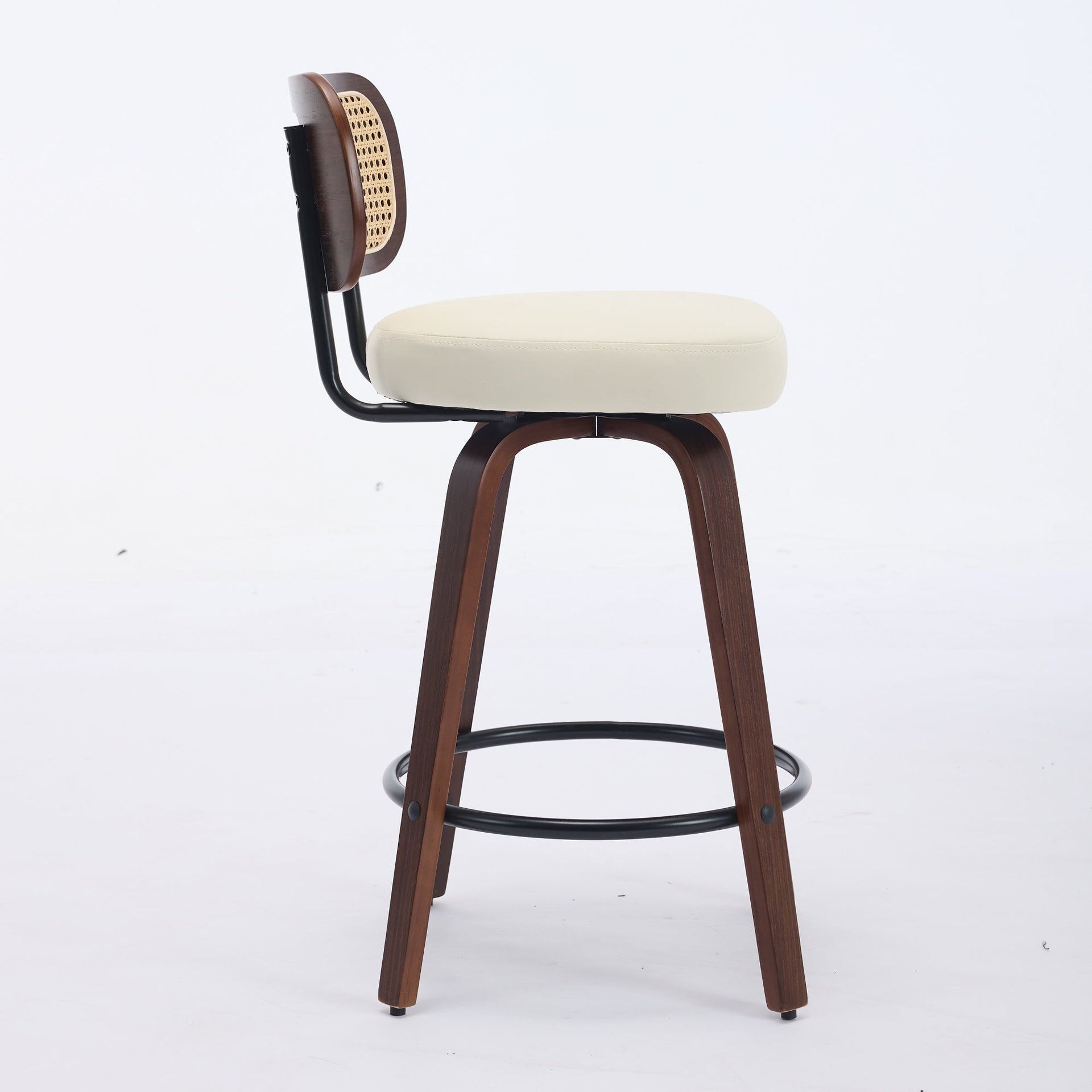 Set of 3 Counter Height Bar Stools - 26 inch Rattan Counter Height Stools with Cane Back, Upholstered Seat, Walnut Craftsmanship, Swivel Counter Stools for Island/Kitchen/Counter/Bar (Walnut /Beige)