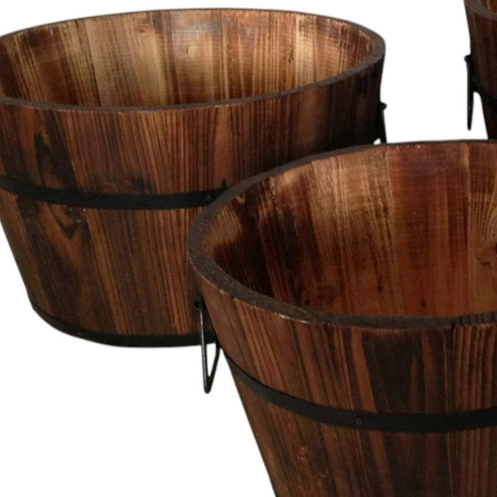 Set of Three Natural Wood Indoor Outdoor Round Pot Planters