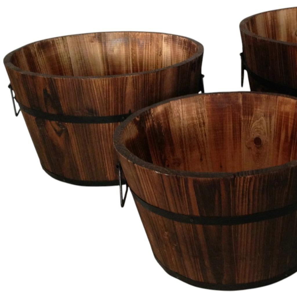 Set of Three Natural Wood Indoor Outdoor Round Pot Planters