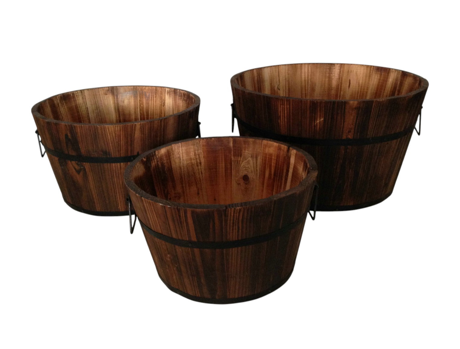 Set of Three Natural Wood Indoor Outdoor Round Pot Planters