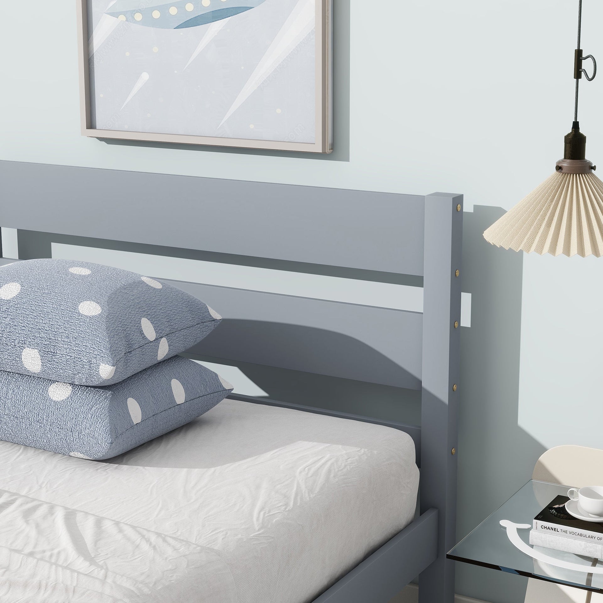 Twin Bed with Headboard and Footboard,Rubber Wood Bed,Grey