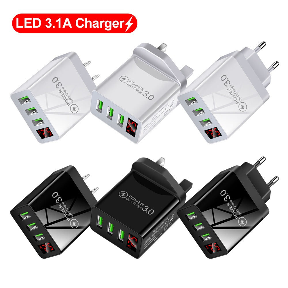 Digital display phone charger 3USB digital display screen fast charger, multi port USB charging head