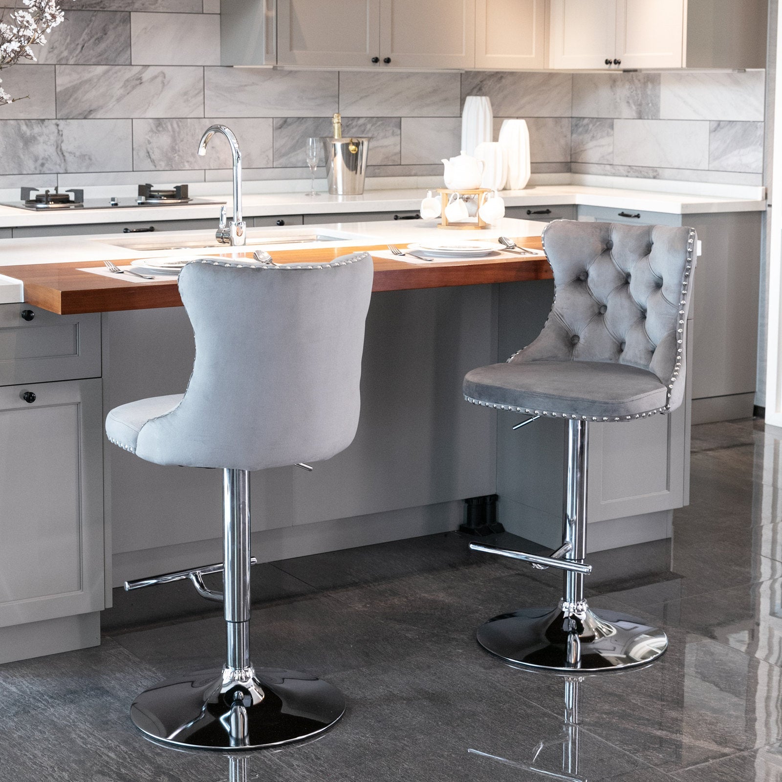 (Gray,Set of 2) 25-33 Inch, Modern Upholstered Chrome base Bar Stools with Backs Comfortable Tufted for Home Pub and Kitchen
