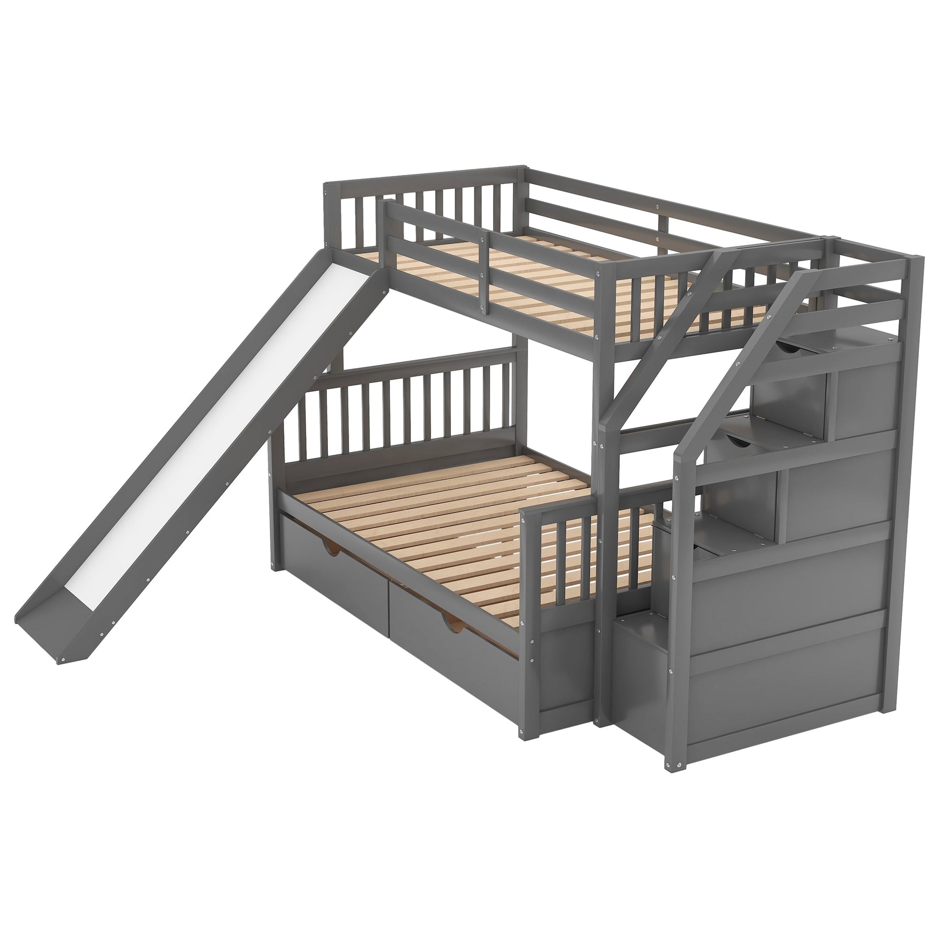 Twin over Full Bunk Bed with Drawers Storage and Slide Multifunction Gray