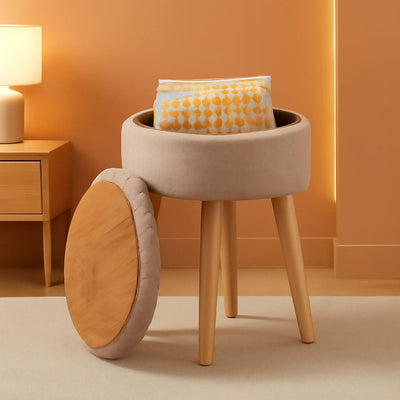 Khaki Linen Storage Velvet Upholstered Ottoman With Tray