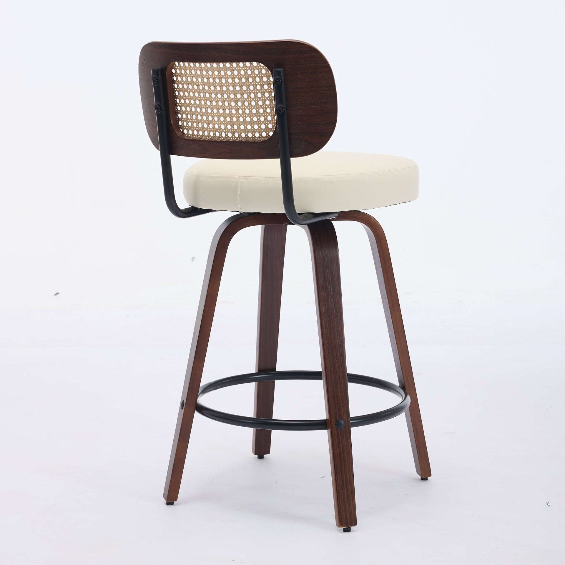 Set of 3 Counter Height Bar Stools - 26 inch Rattan Counter Height Stools with Cane Back, Upholstered Seat, Walnut Craftsmanship, Swivel Counter Stools for Island/Kitchen/Counter/Bar (Walnut /Beige)