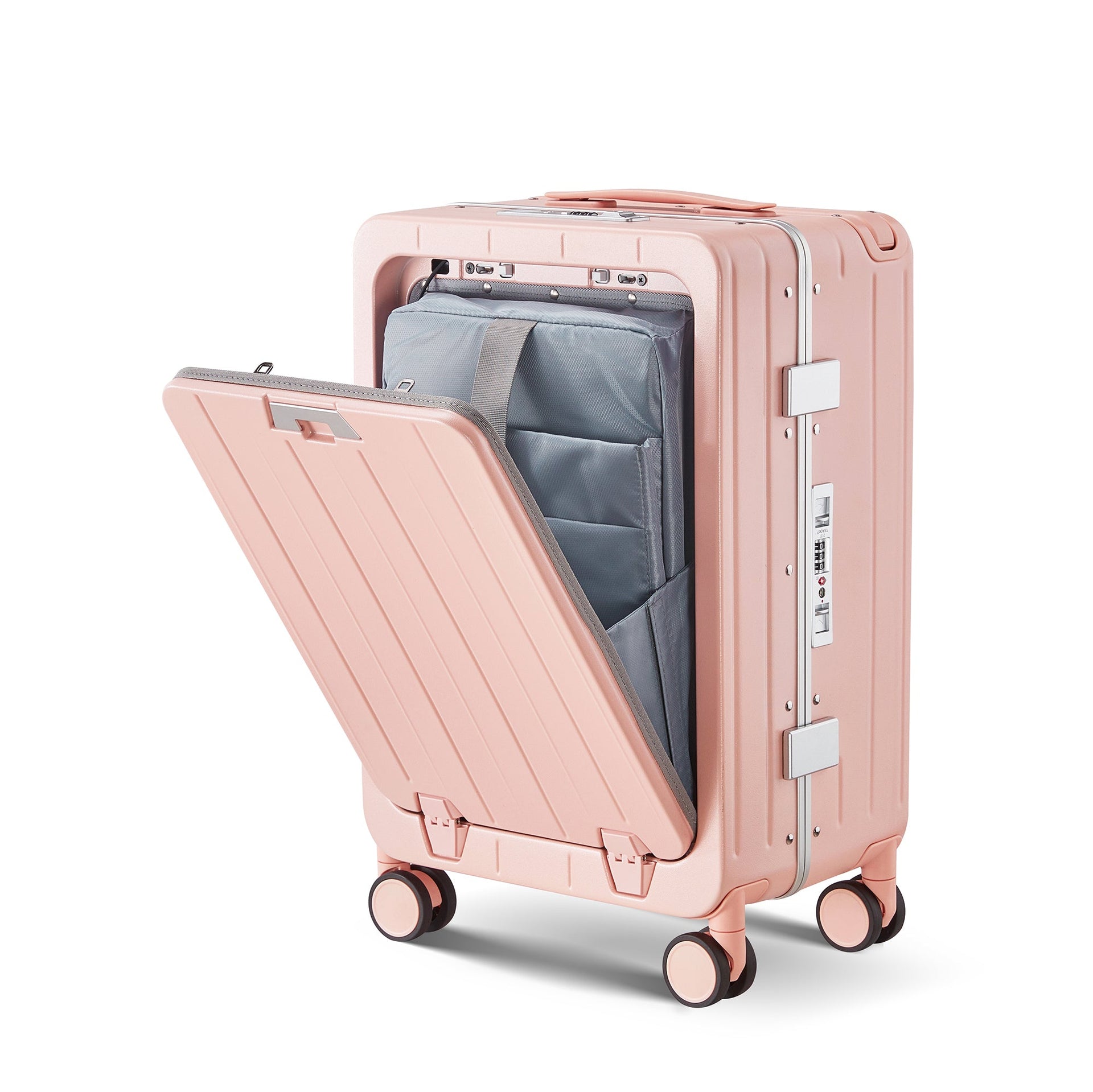 Aluminum Frame 20 Inch with Front Open Carry-on Luggage, PC Hard Shell Suitcase, Bounce Wide Handle Pull Rod Luggage with 360°Double Wheels, Built-In TSA Lock, Airline Approved Suitcase for Business