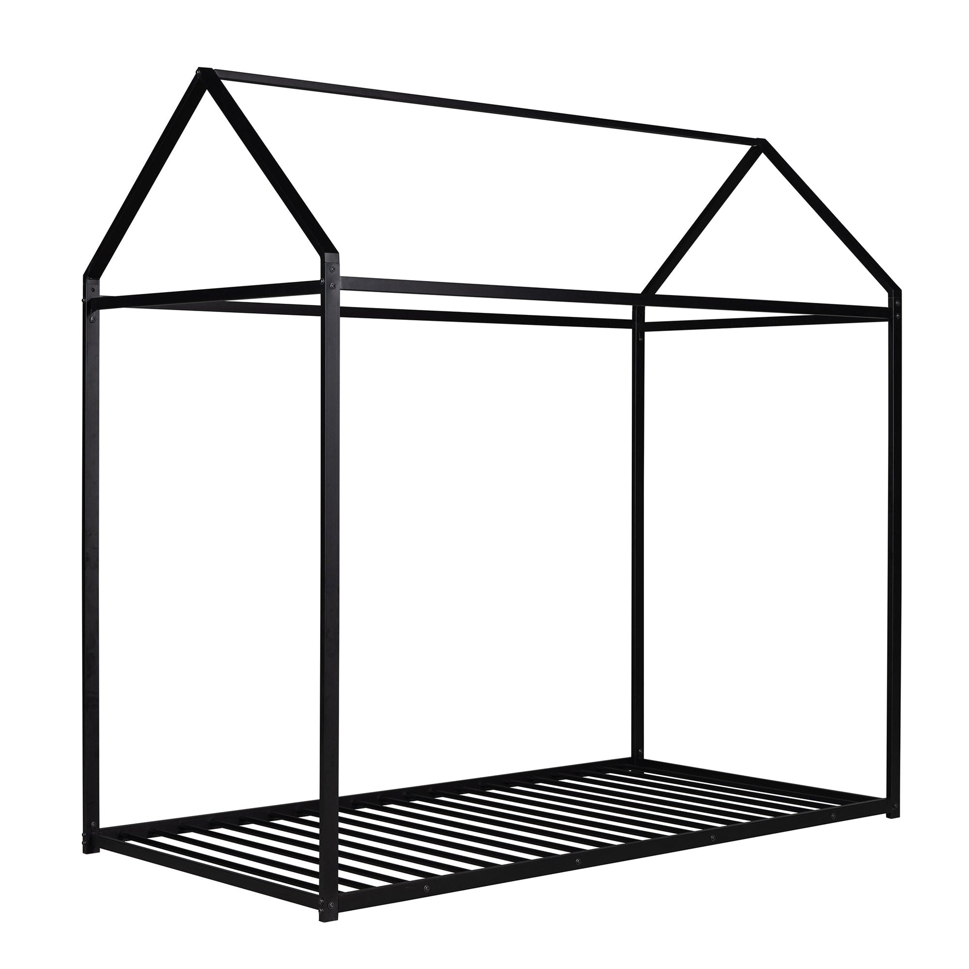 House Bed Frame Twin Size Kids Bed Frame Metal Platform Bed Floor Bed for Kids Boys Girls No Box Spring Needed Black