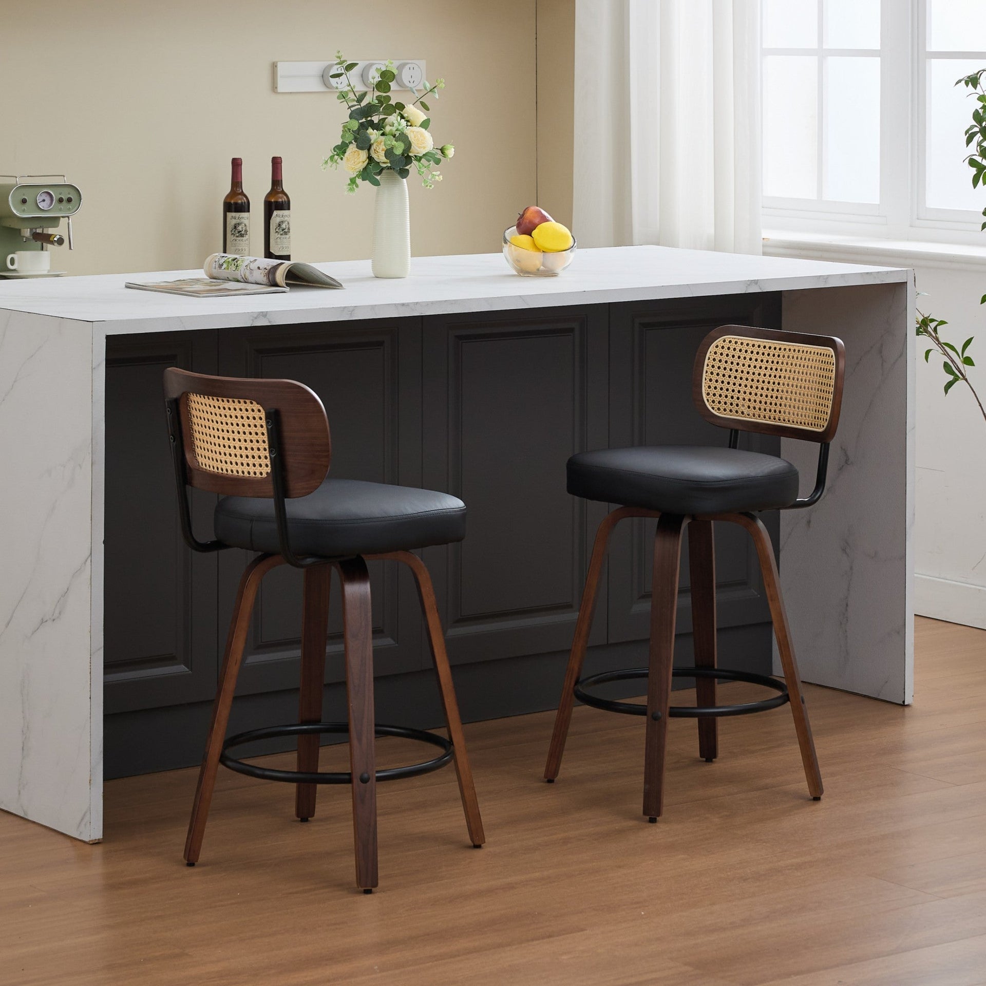 Set of 2 Counter Height Bar Stools - 26 inch Rattan Counter Height Stools with Cane Back, Upholstered Seat, Walnut Craftsmanship, Swivel Counter Stools for Island/Kitchen/Counter/Bar (Walnut Black)