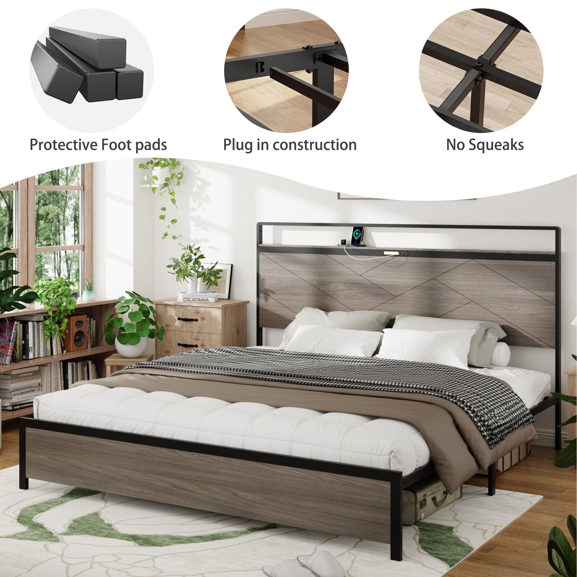 Bed frame king size, wooden platform bed frame with storage LED light headboard and 2 USB, no noise, no spring mattress required and simple assembly tools, large underbed storage, Antique Grey