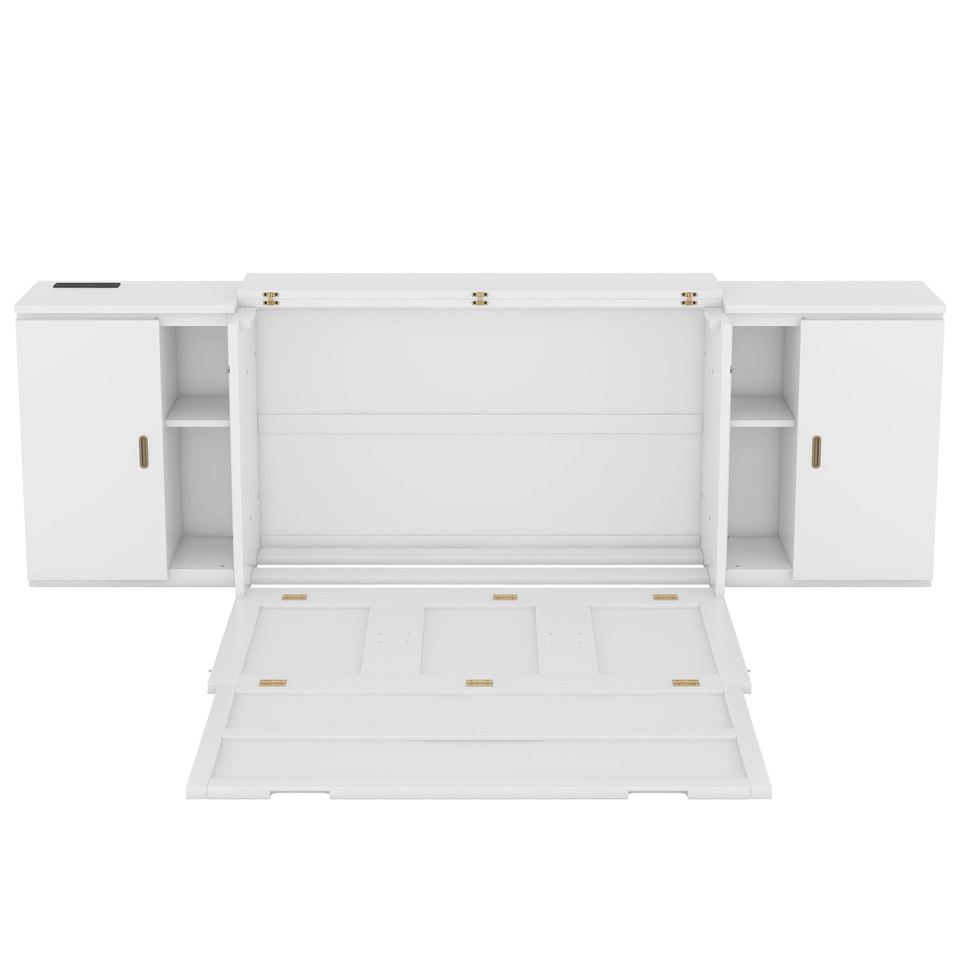Full Size Murphy Bed with Shelves, Cabinets and USB Ports,White