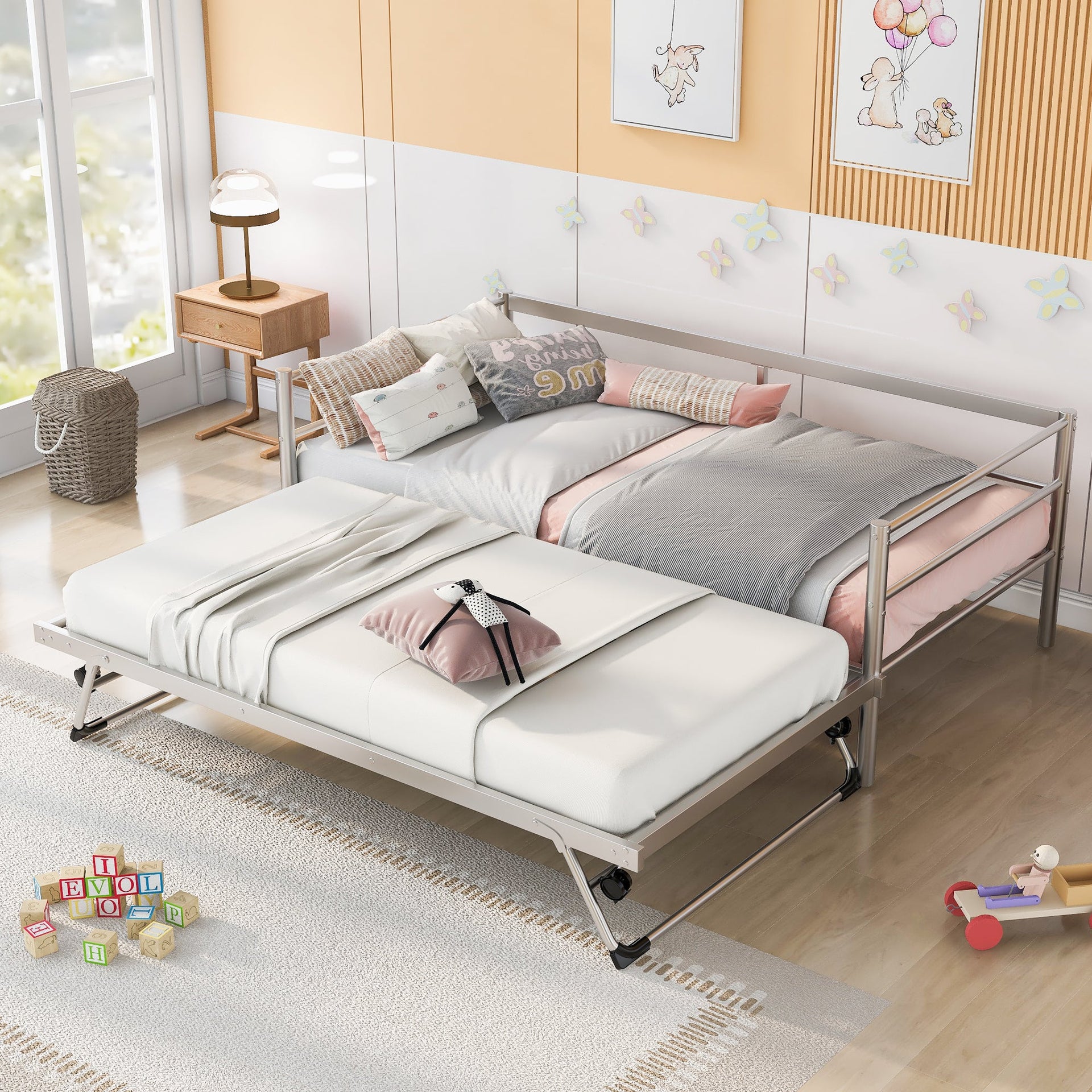 Twin Size Metal Daybed with Adjustable Trundle Pop Up Trundle Silver