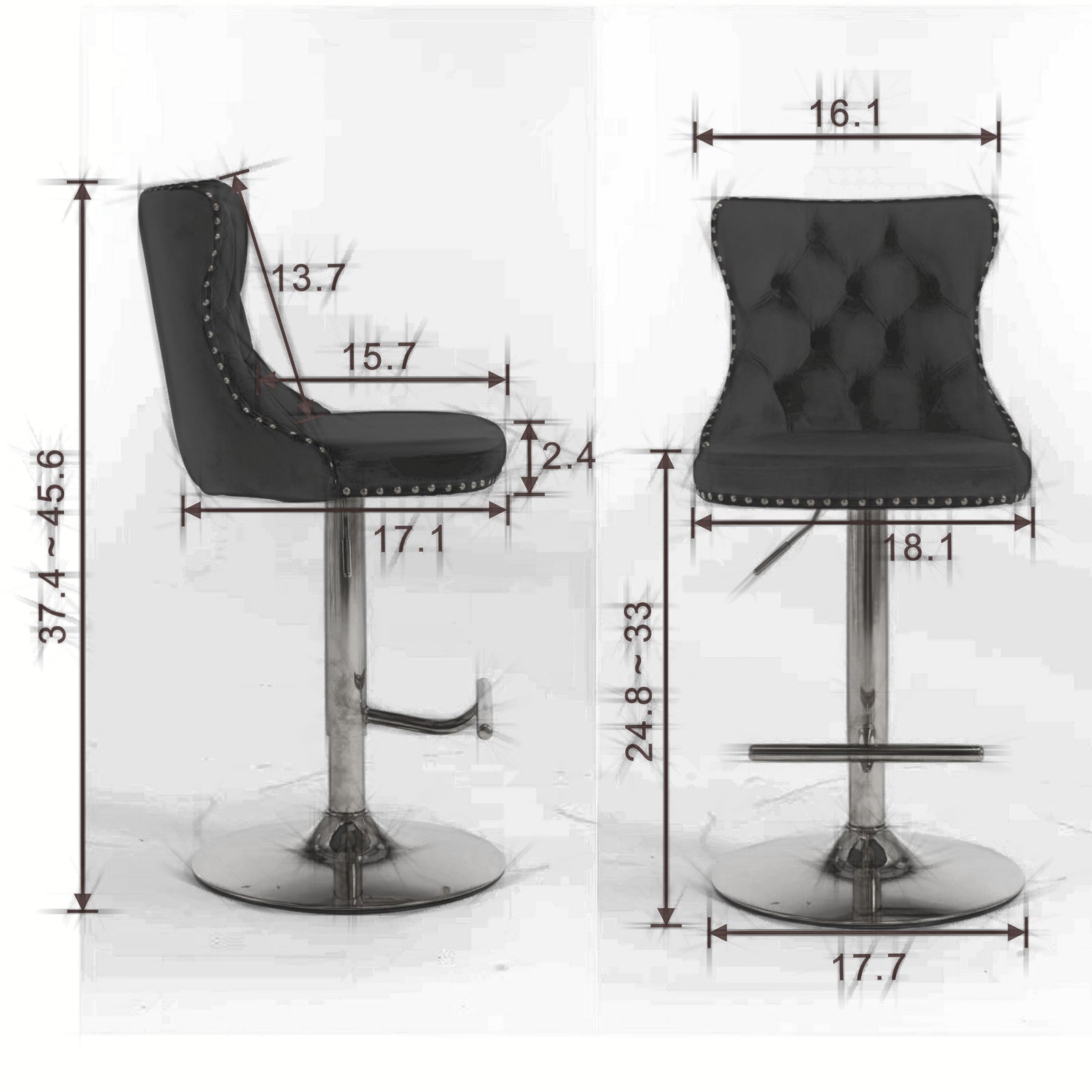 (Gray,Set of 2) 25-33 Inch, Modern Upholstered Chrome base Bar Stools with Backs Comfortable Tufted for Home Pub and Kitchen