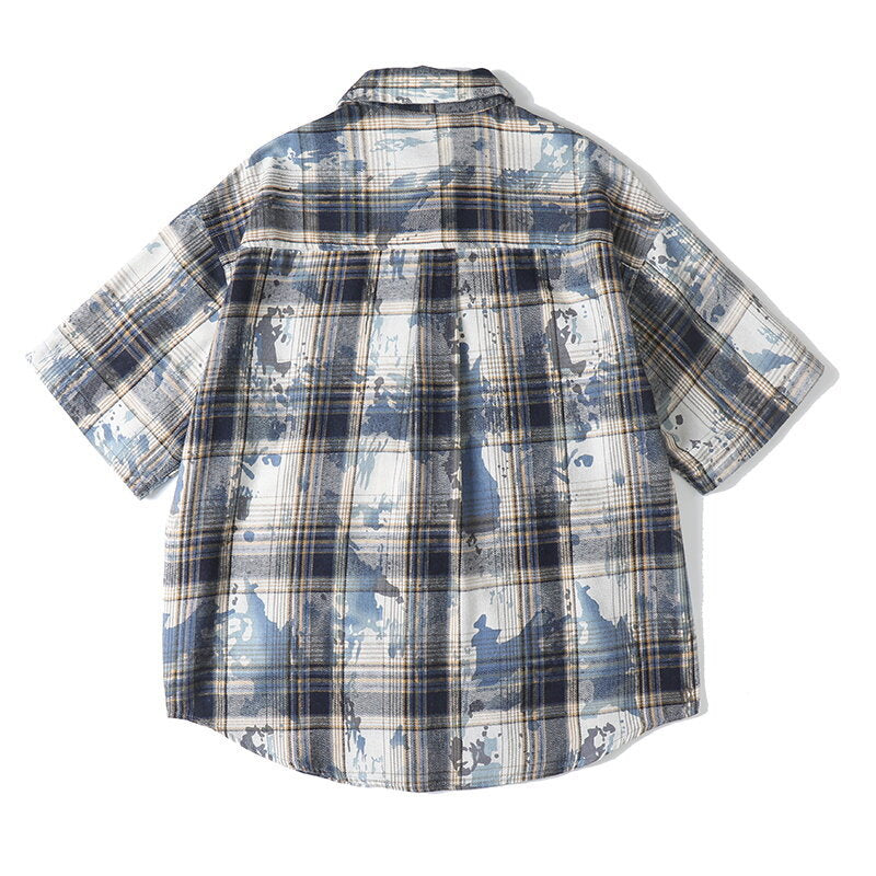 Tie dye printed plaid wide cut shirt