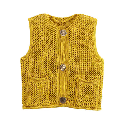 Street Fashion Crochet Hollow Vest Solid Color Versatile Round Neck Jacket