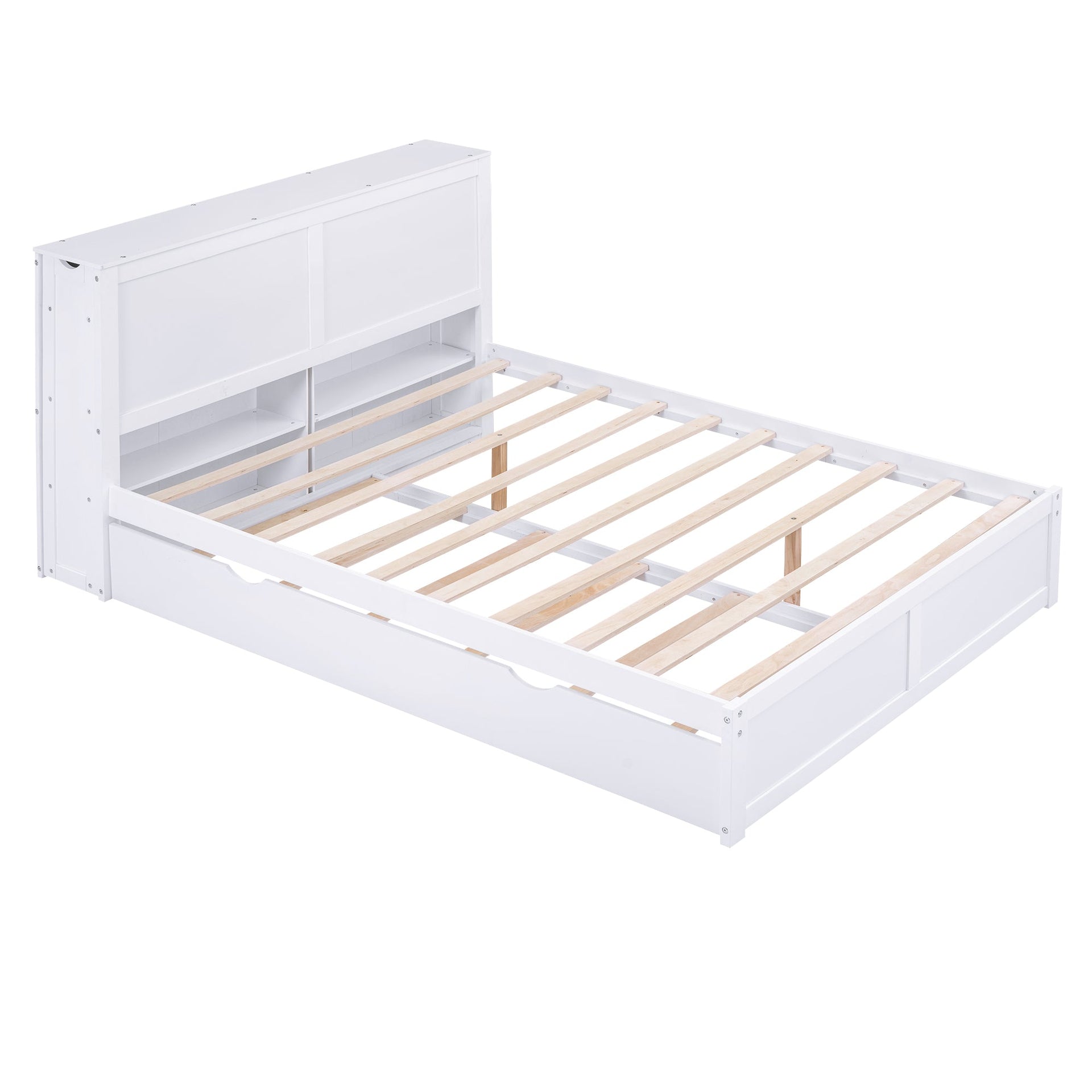 Queen Size Storage Platform Bed with Pull Out Shelves and Twin XL Size Trundle White