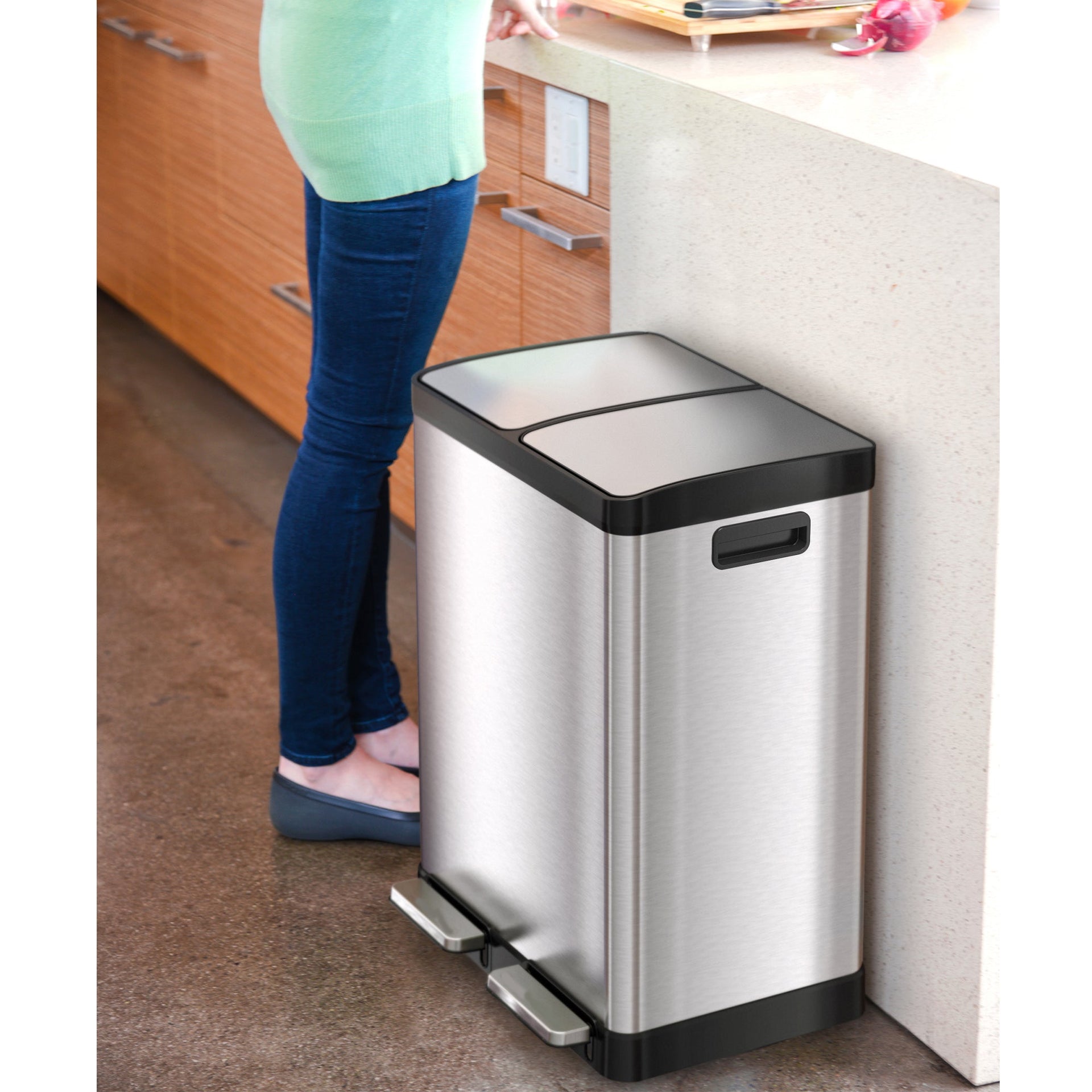 16 Gallon / 60 Liter Composite SoftStep Dual Compartment Kitchen Trash Can and Recycle Bin with AbsorbX