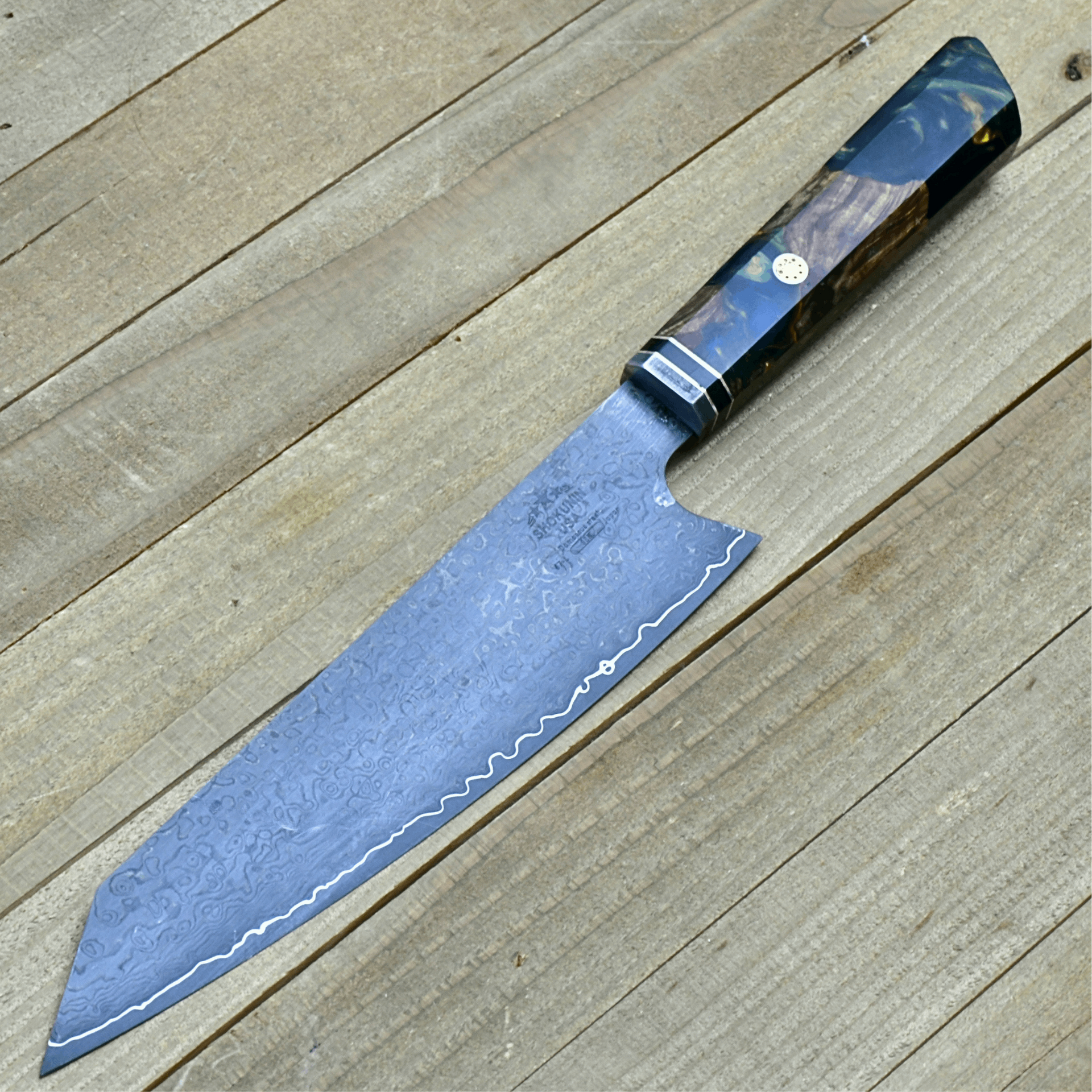 Aurora Japanese VG10 Damascus Chef Knife with Exotic Olive Burl & Emerald Green Pearl Resin Handle