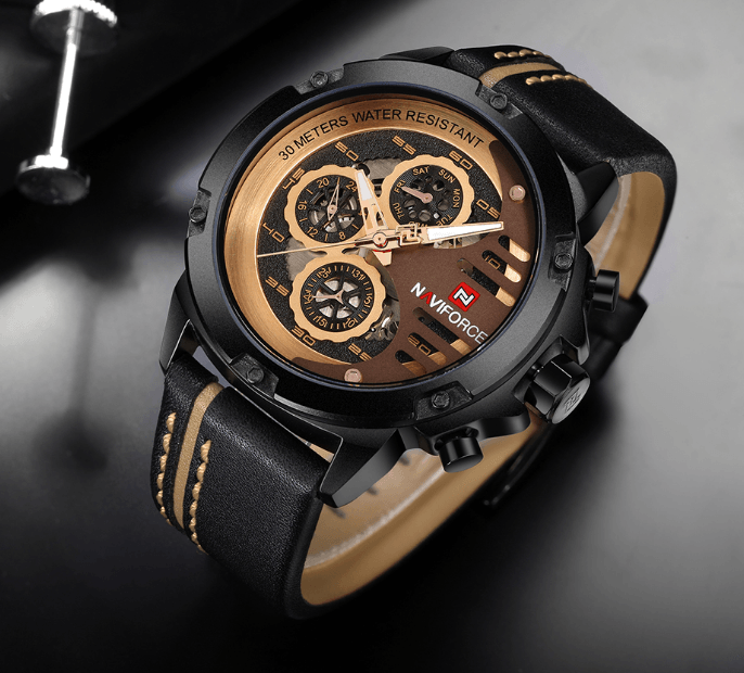 Men's Sports Waterproof Watch With Chronometers And Leather Belt Multifunction Wristwatch Unique Design Perfect Gift
