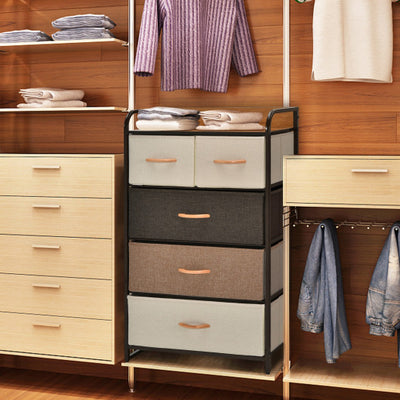 4-Tier Organizer Tower Steel Frame Wooden Top Storage with 5-Drawer Dresser-Muticolor