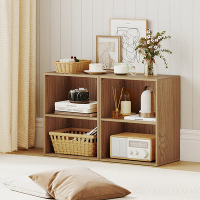 2-Cube Bookcase Set of 2 Floor Standing Open Bookshelf w/ 5-Position Adjustable Shelf-Natural