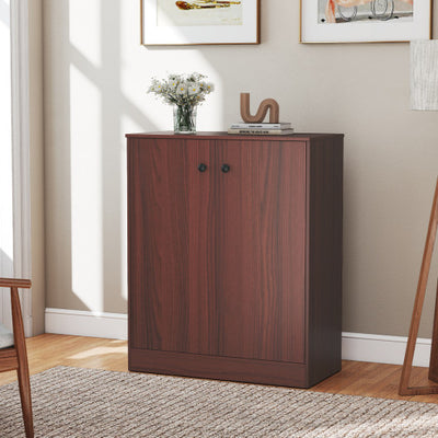2-Door Modern Floor Storage Cabinet with 3-Tier Shelf-Brown