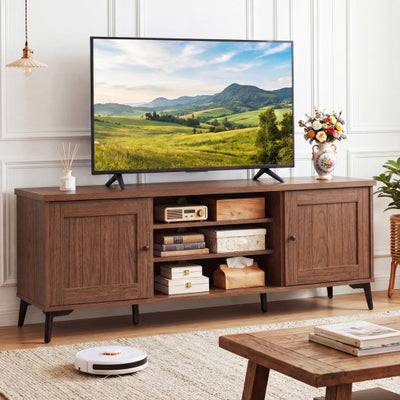 2-Door TV Stand for TVs up to 65 Inch Mid Century Modern Entertainment Center-Brown