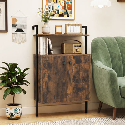 2-Door Wall Mount Bookshelf with Storage Cabinet-Rustic Brown