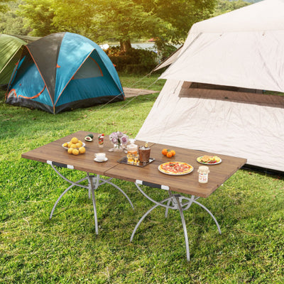 Patented 2 Pack Folding Camping Table with Wood-grain Tabletop for Hiking Party-Natural