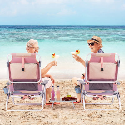 2 Packs 5-Position Outdoor Folding Backpack Beach Table Chair Reclining Chair Set-Pink