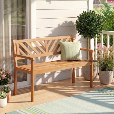 2-Person Patio Acacia Wood Garden Chair with Armrests and Backrest for Porch