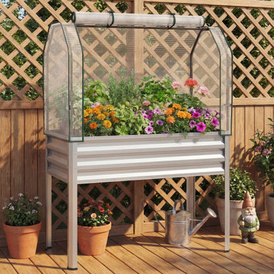 2 Pieces Galvanized Raised Garden Bed with Legs and Greenhouse Cover for Vegetable Flower-Silver