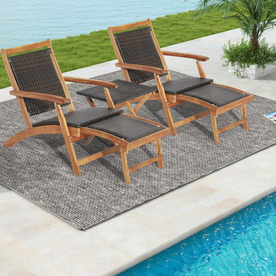 3 Pieces Patio Rattan Folding Lounge Chair Set of 2 with Acacia Wood Table