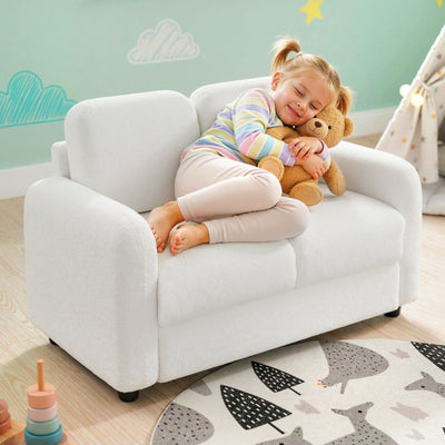 2-Seat Kids Sofa Toddler Sofa Couch with Soft Teddy Fleece Upholstery and Solid Wooden Frame-White