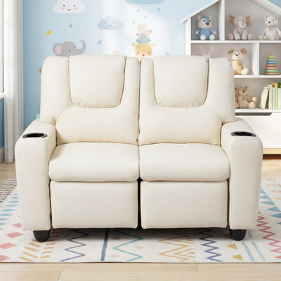 2-Seater Kids Recliner Double Toddler Sofa Chair with 2 Cup Holders-Beige